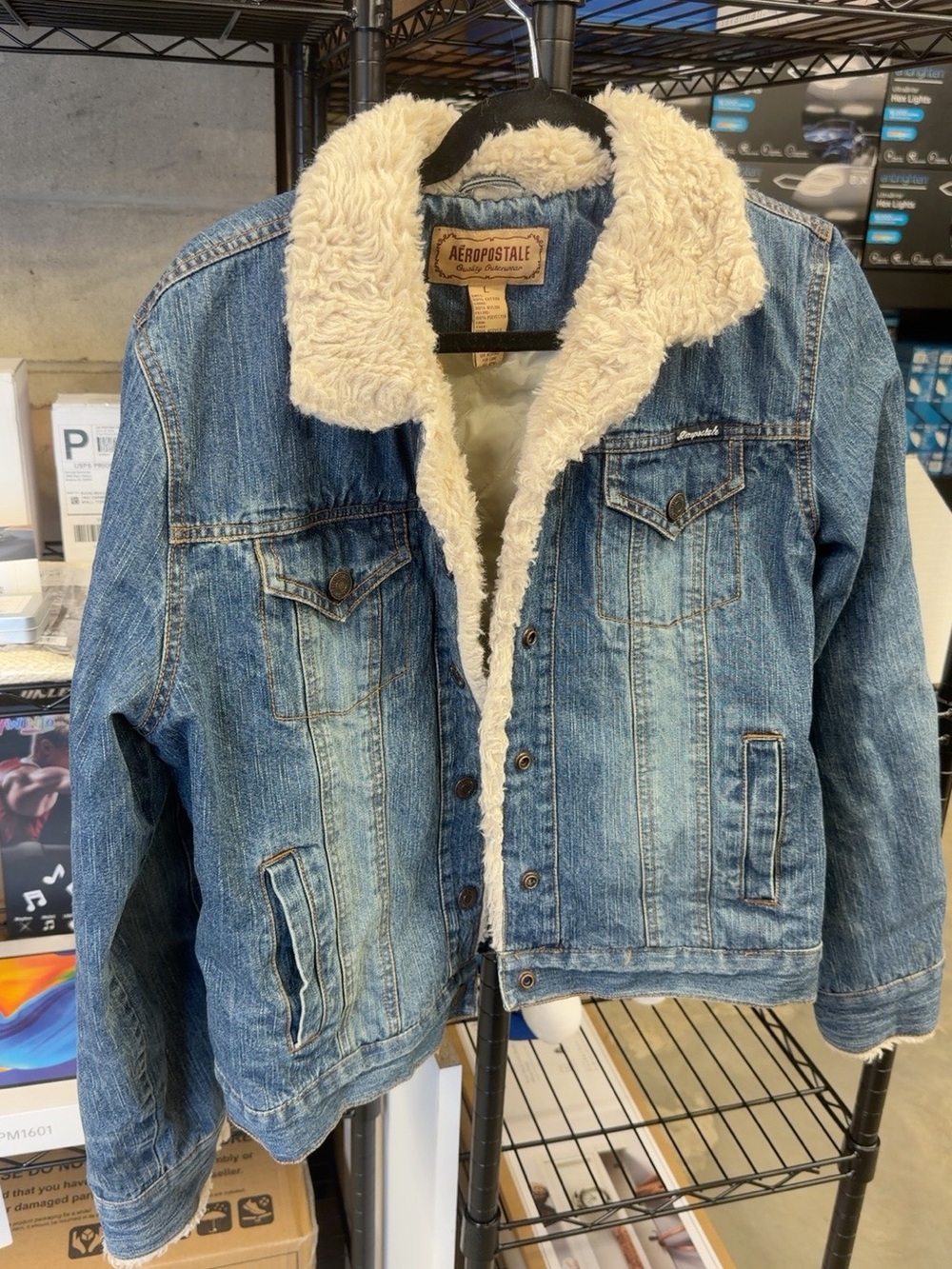 Aeropostale Medium Blue Denim Jacket with Cream Sherpa Trim